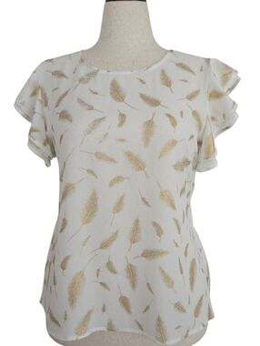 Reese Cream Blouse with Metallic Gold Feather Print Size XL